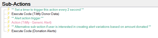 C# Method for the List Donations action. Run Action for Generic Alert is disabled, and Execute Code for Donation Alerts is enabled.